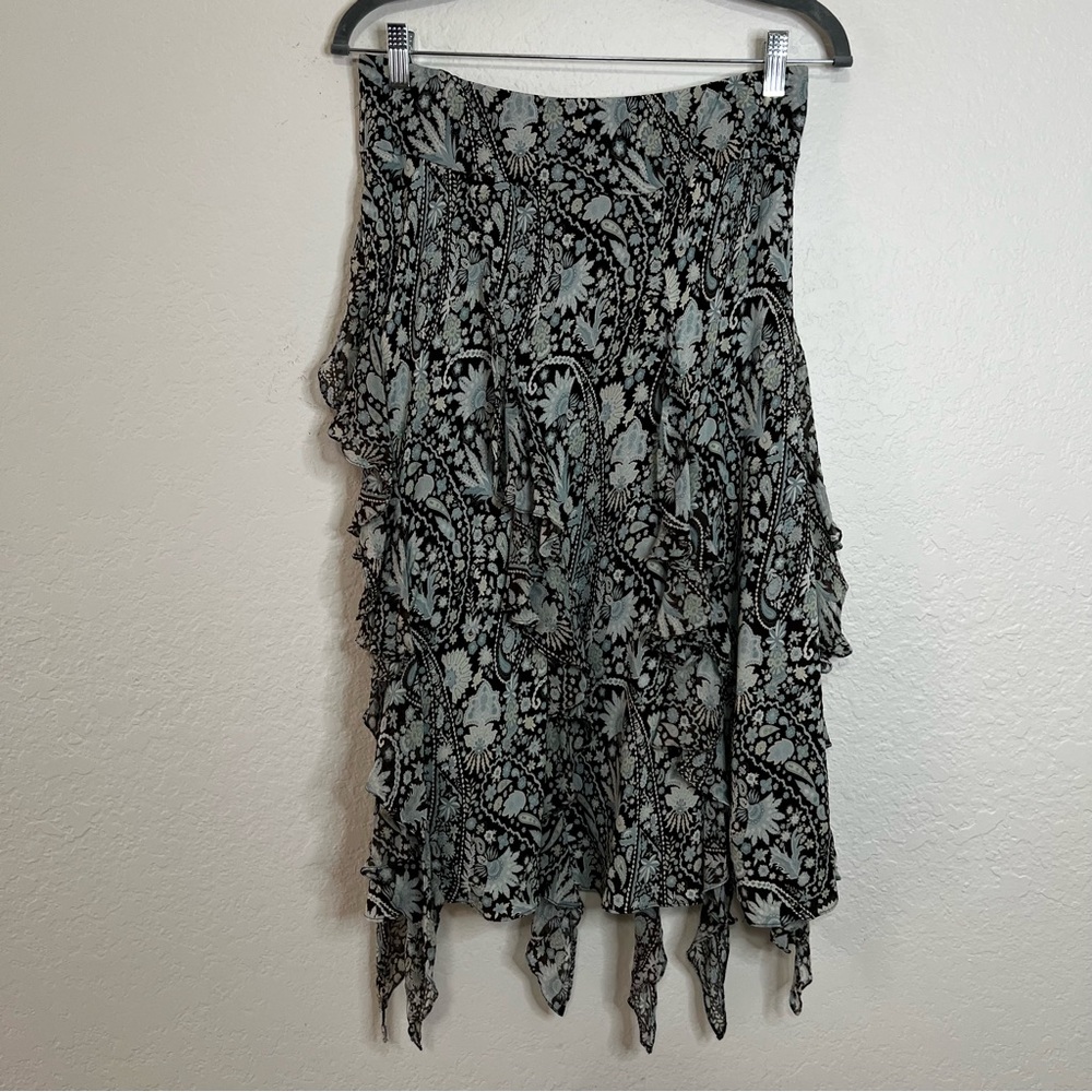 Jones New York Silk Brown Blue Floral Ruffle Flirty‎ Skirt Womens Size 10 Petite